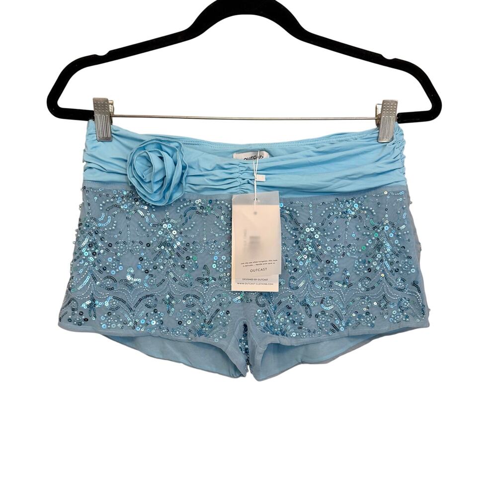 OUTCAST Carlia Sequined Floral Rosette Shorts M Light Blue Rave Festival Y2K NWT